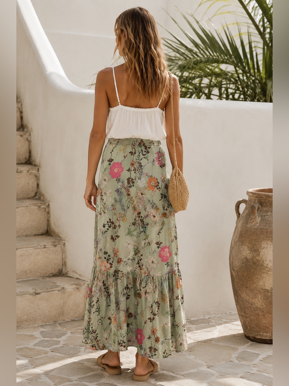 New! Kahora Palm Beach Lizzie Floral Tiered Maxi Skirt Green Floral 🌸 Medium - Picture 2 of 10